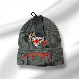 Ed Hardy Unisex Gray Beanie with Tiger Embroidery